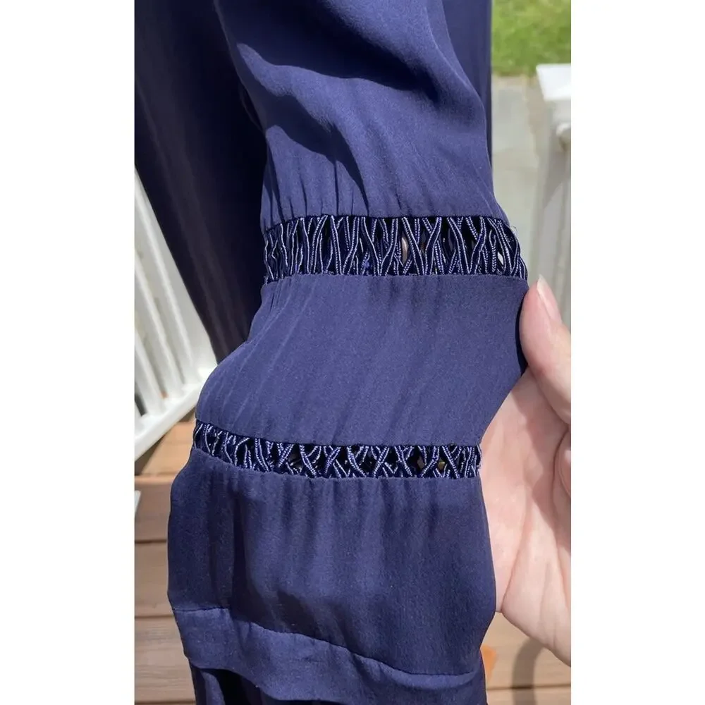 Parker Women 100% Silk Blouse Round Neck Tiered Sleeves Career Wear Navy Blue S - Picture 8 of 11